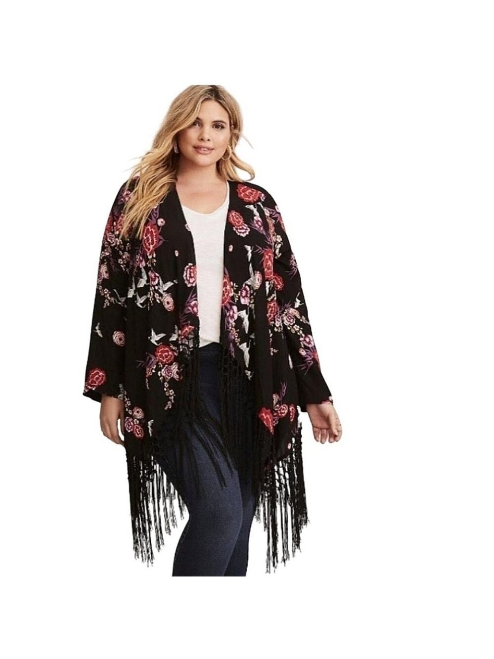 2X • Torrid • Crane & Floral Crepe Fringe Kimono